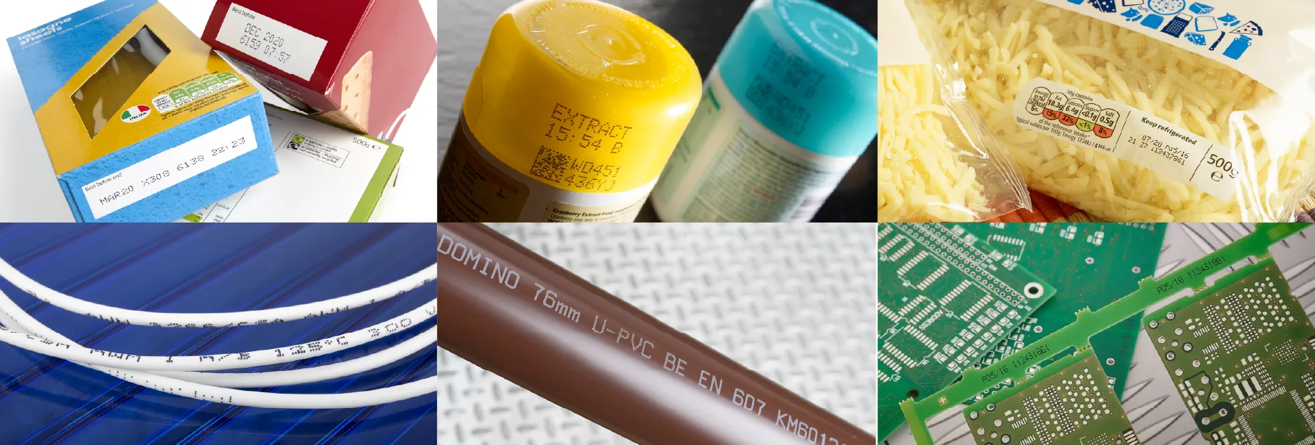 当シリーズは、化粧箱・プラスチック容器・包装袋・ワイヤー・プラスチック製パイプ・基板（樹脂）などに印字することが可能です。